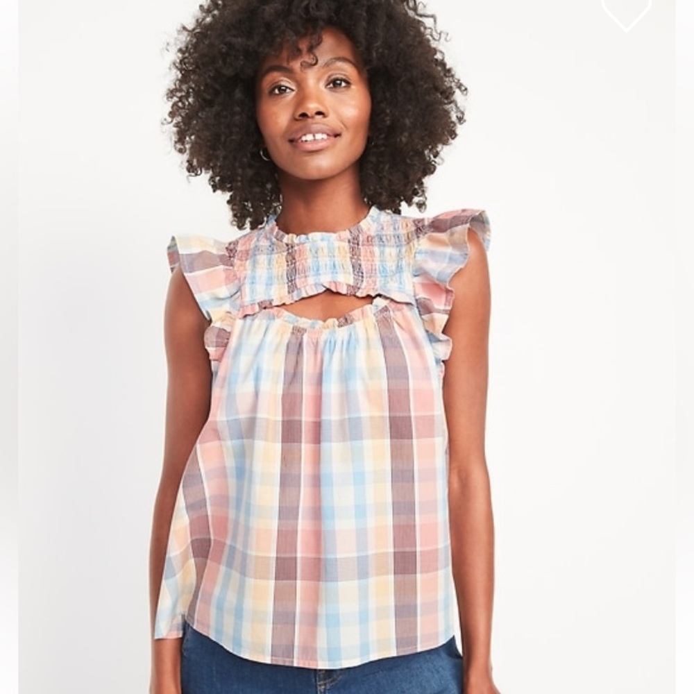 Flutter Sleeve Plaid Smocked Cutout Swing Blouse